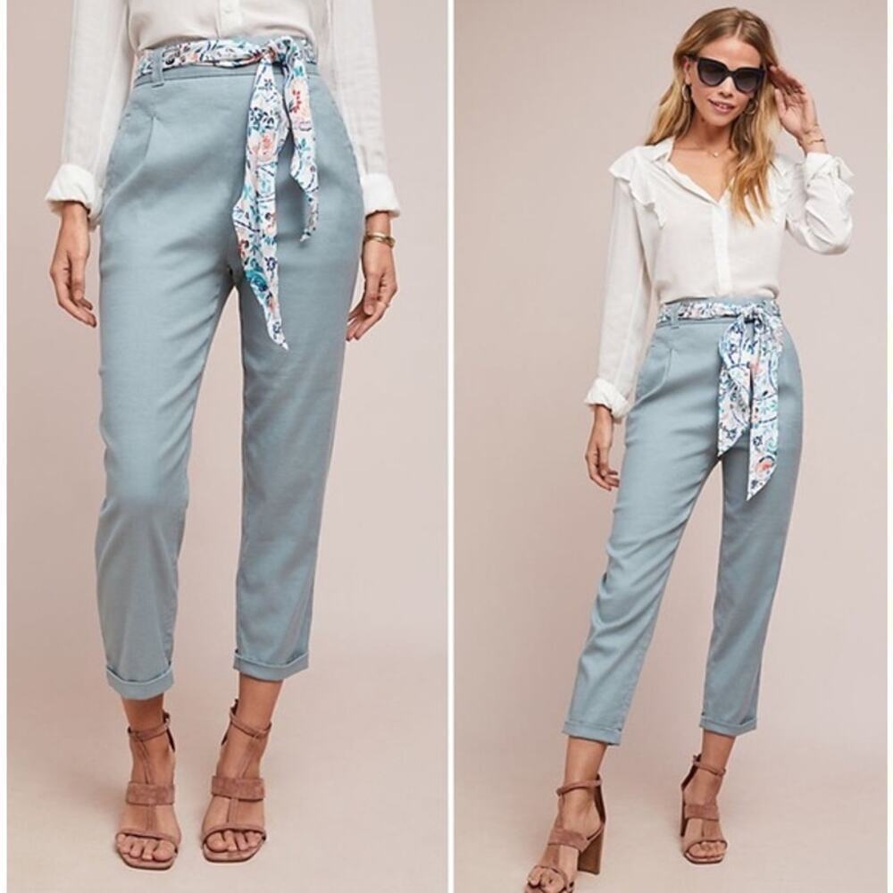 Anthropologie ett twa Nias Cuffed Pants Linen High Rise Tapered Crop Blue Size 8